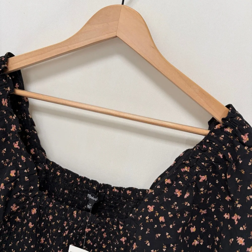 Madewell Smocked Floral Puff Sleeve Blouse 12 Black‎ Womens NWT Boho Square Neck